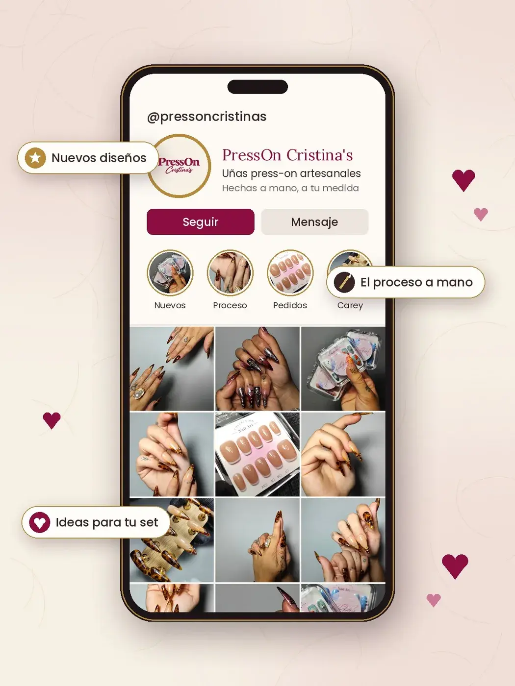 Móvil con el perfil de PressOn Cristina's (@pressoncristinas) y una cuadrícula de fotos de diseños, con etiquetas «Nuevos diseños», «El proceso a mano» e «Ideas para tu set»